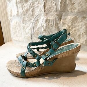 Gianni‎ Bini Green 3.5"  Heel Cork Wedge Sandals Womens Size 10